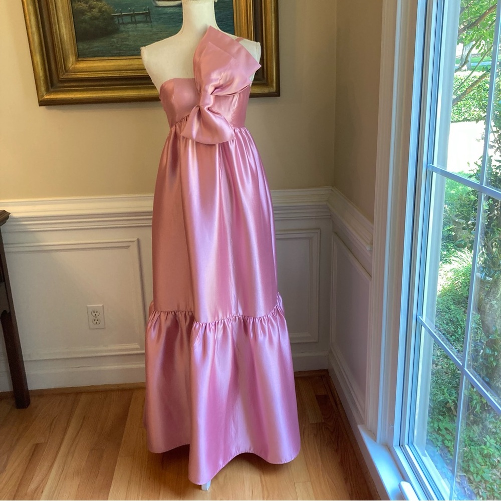 PETAL & PUP Betina Dusty Rose Pink Satin One Shoulder Bow Maxi Dress - Picture 3 of 16